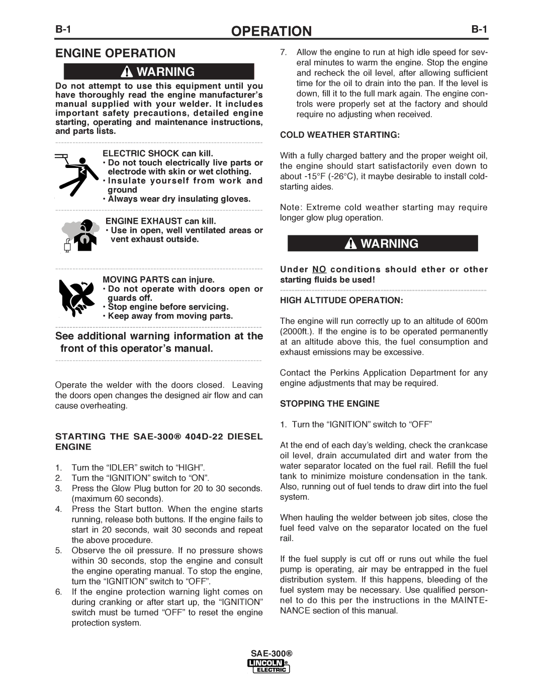 Lincoln Electric manual Engine Operation, Starting ThE SAE-300 404D-22 Diesel Engine, Cold WEAThER Starting 